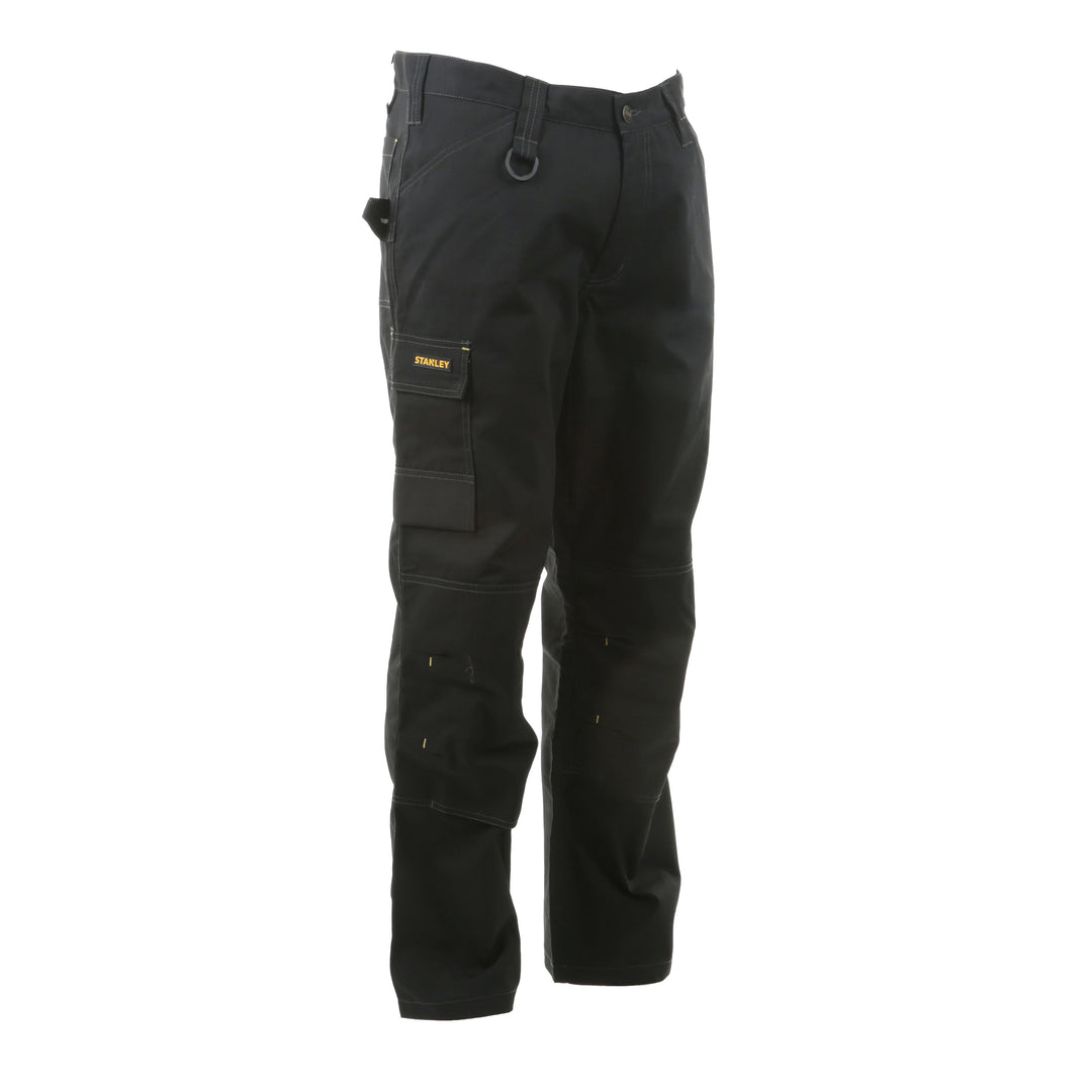 Black work pants with multiple pockets on a white background