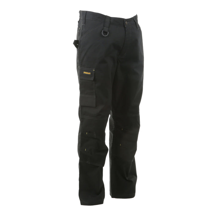 Black work pants with multiple pockets on a white background