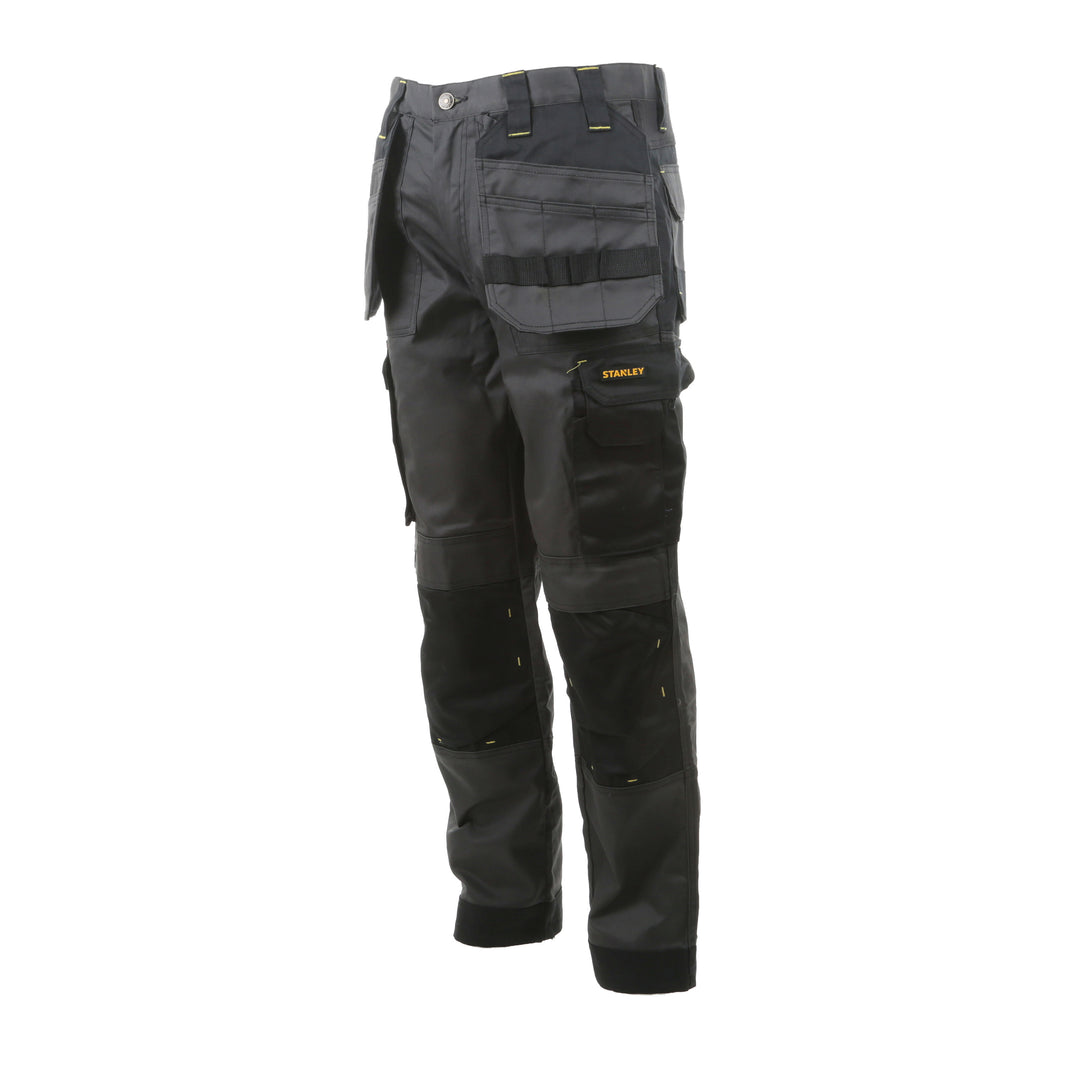STANLEY Barmera Men's Holster Pocket, Poly Cotton, Regular Fit Work Trousers, Grey/Black, 3/4 View Facing Left