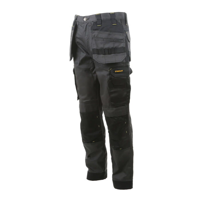 STANLEY Barmera Men's Holster Pocket, Poly Cotton, Regular Fit Work Trousers, Grey/Black, 3/4 View Facing Left