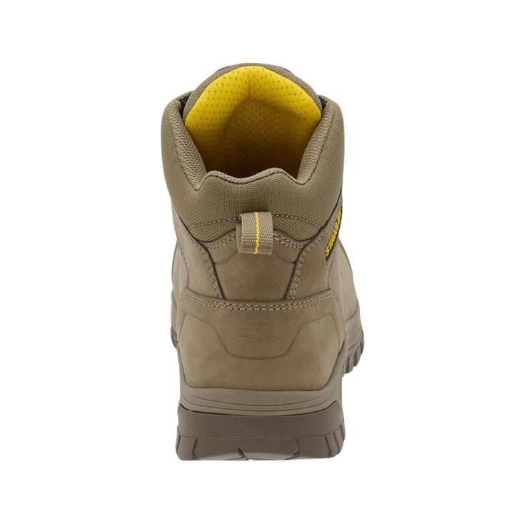 A single mid-cut work boot shown from the back, featuring a tan suede and mesh upper, a yellow interior lining, and a dark gray sole, isolated on a white background.