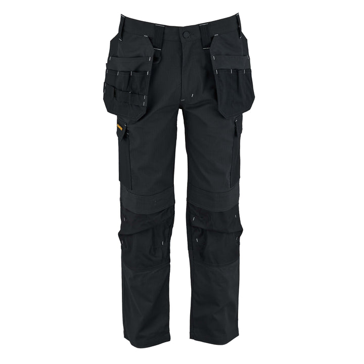 Black tactical pants with multiple pockets on a white background