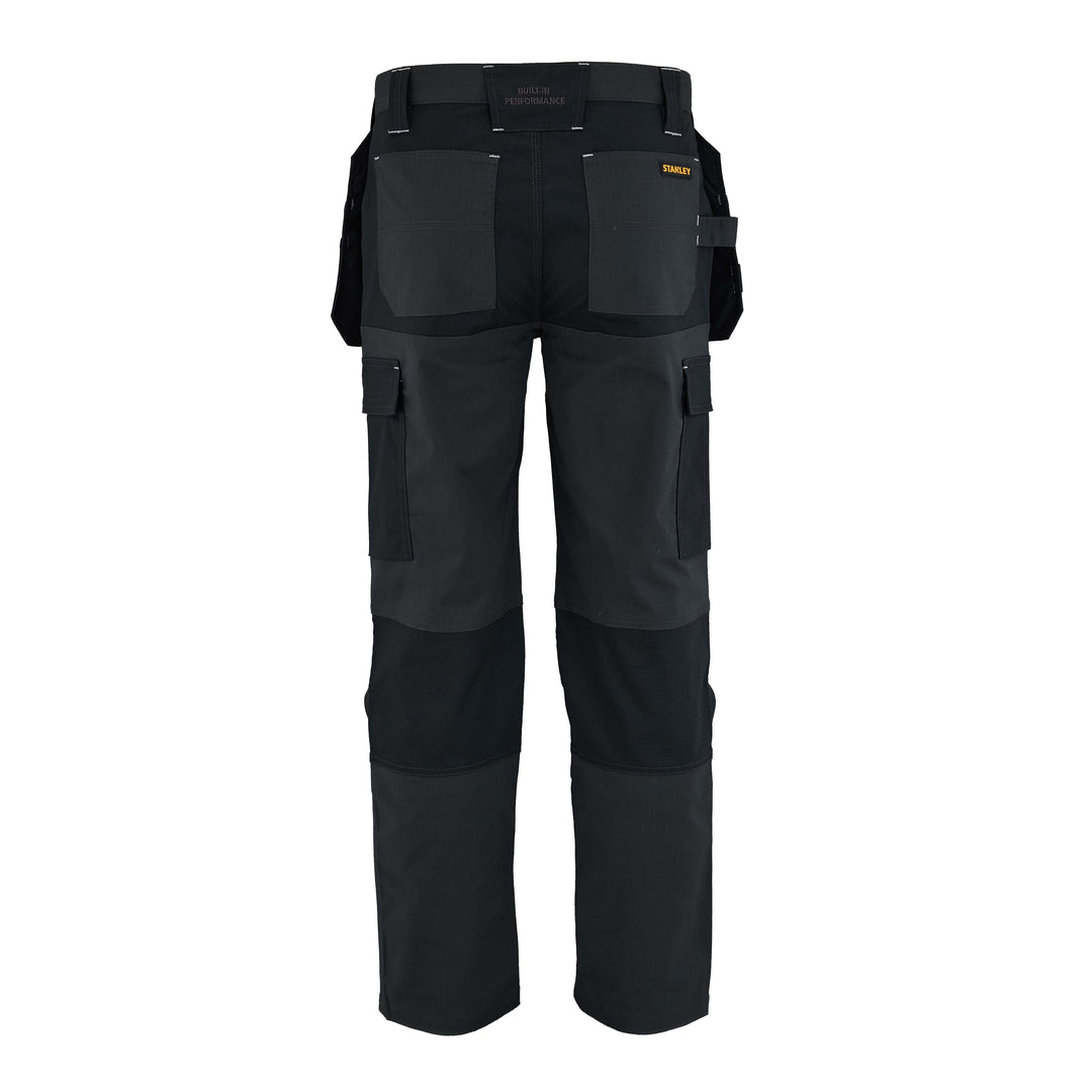 Black work pants with multiple pockets on a white background