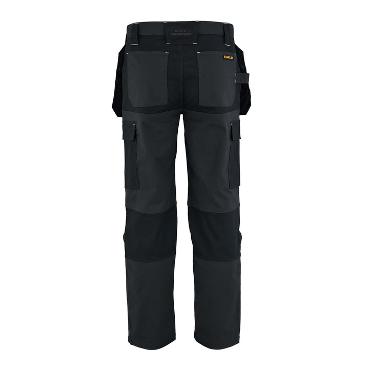 Black work pants with multiple pockets on a white background