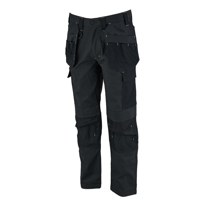 Black tactical pants with multiple pockets on a white background