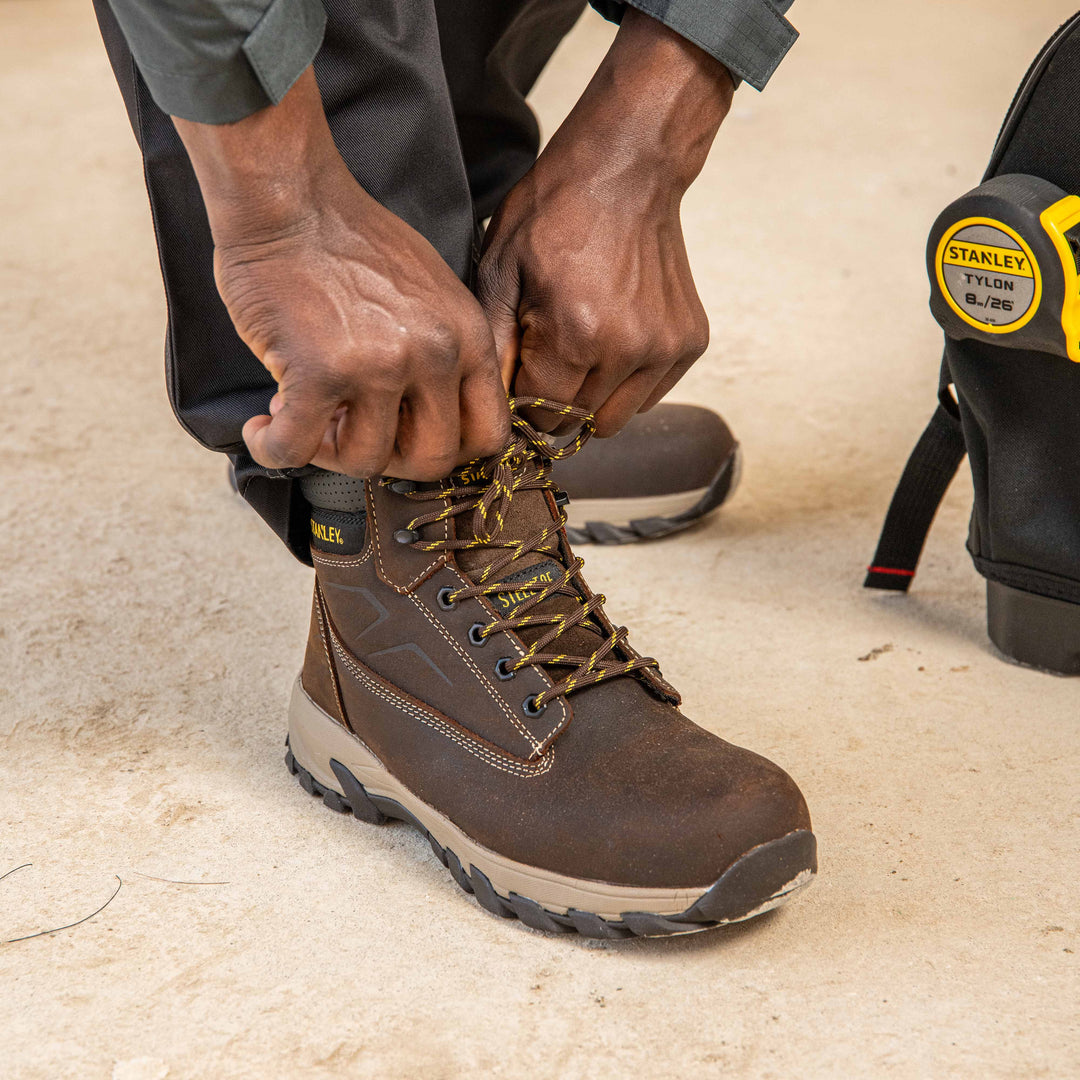 STANLEY Tradesman Men's Steel Toe, Steel Midsole Safety Work Boot, Brown, Model View Facing Right