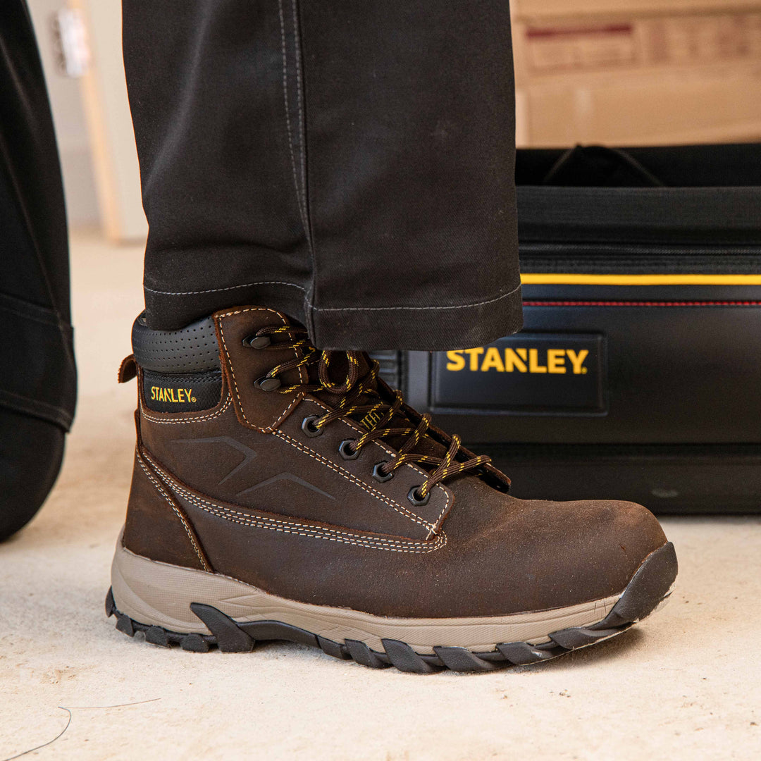 STANLEY Tradesman Men's Steel Toe, Steel Midsole Safety Work Boot, Brown, Model Side View