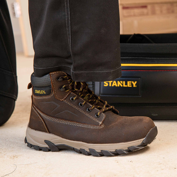 STANLEY Tradesman Men's Steel Toe, Steel Midsole Safety Work Boot, Brown, Model Side View