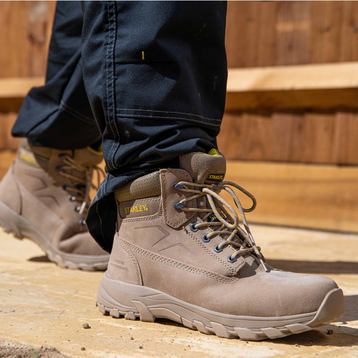 STANLEY Tradesman Men's Steel Toe, Steel Midsole Safety Work Boot, Stone, Model Side View Facing Right
